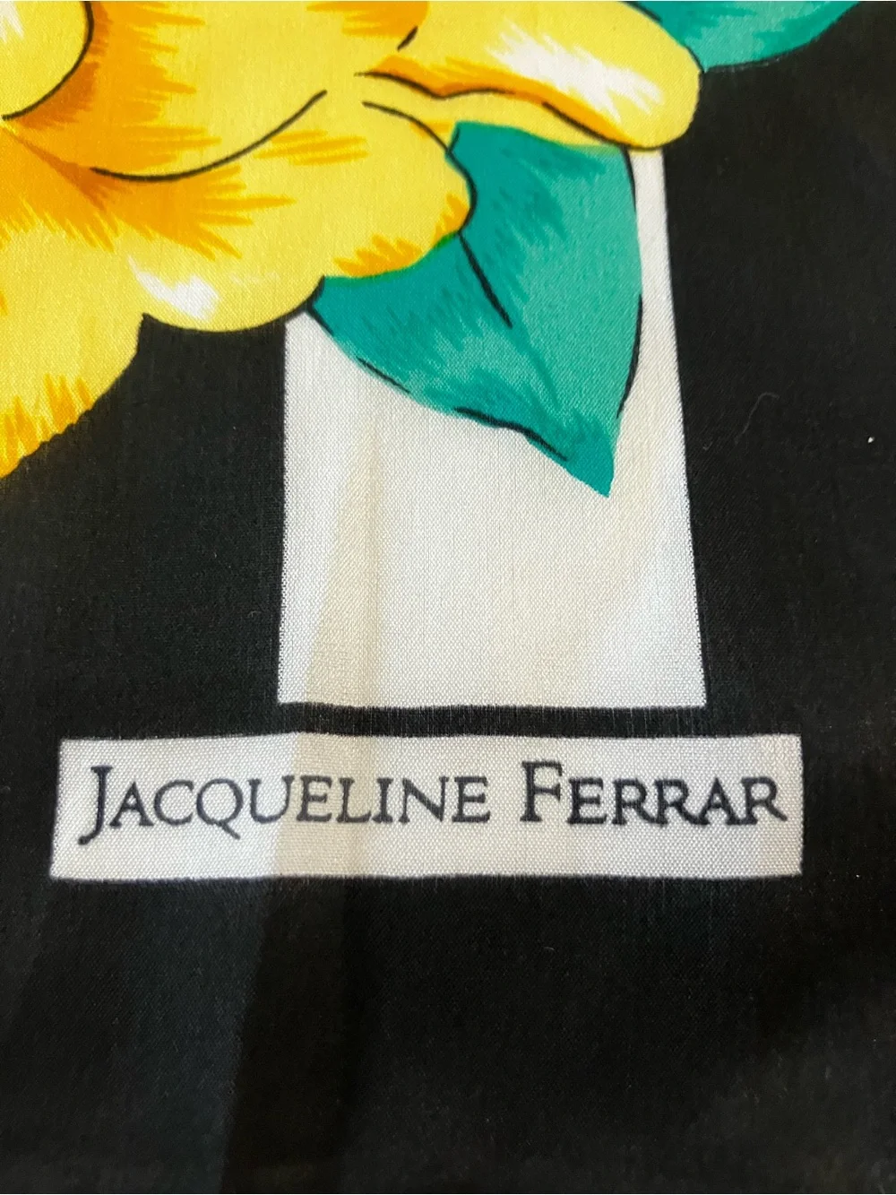 80's Jacqueline Ferrar Black, White & Yellow Floral Stripe Silk Scarf
